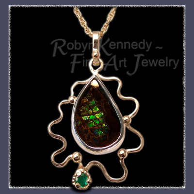 10 Karat Yellow Gold, Ammolite, Sterling Silver and Emerald 'The Wiz' Pendant Image