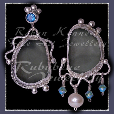 Sterling Silver, Genuine Great Lakes Beach Glass,  Teal Blue Topaz, White Pearl and Swarovski Crystal Earrings Image