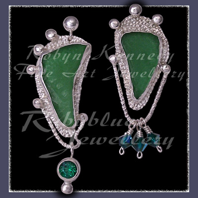 Sterling Silver, Genuine Great Lakes Beach Glass, Rainforest Green Topaz and Swarovski Crystal  Earrings Image