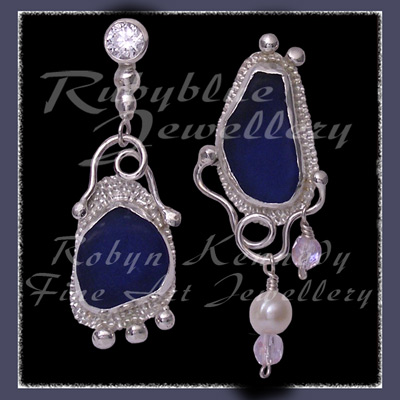 Sterling Silver, Genuine Great Lakes Beach Glass, Cubic Zirconia, Pearl and Czech Glass Earrings Image