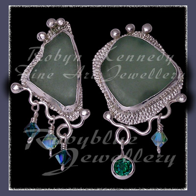 Sterling Silver, Genuine Great Lakes Beach Glass,  Rainforest Green Topaz and Swarovski Crystal Earrings Image