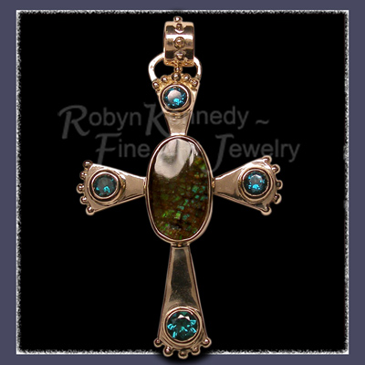 'Bear Paw' Cross of Solid 10 Karat Yellow Gold, Ammolite and Evergreen Diffused Topaz