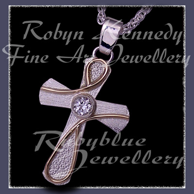 14 Karat Yellow Gold, Sterling Silver and White Topaz 'Eternity' Cross Image
