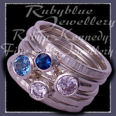 Sterling Silver, Swiss Blue Topaz,London Blue Topaz and Swarovski Cubic Zirconias, 'Revelry' Stacker Ring Set Image