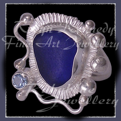 Sterling Silver, Sky Blue Topaz and Genuine Grealt Lakes Beach Glass Ring