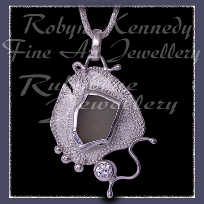 Sterling Silver, Great Lakes Beach Glass and Cubic Zirconia 'Beachglass' Pendant 14 Image