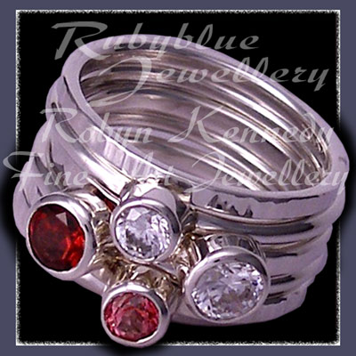 Sterling Silver, Mozambique Garnet,  Pink Topaz and Swarovski Cubic Zirconias, 'Revelry' Stacker Ring Set Image