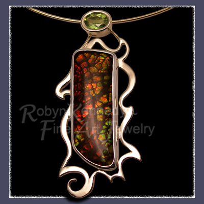 14 Karat Yellow Gold, Sterling Silver, Ammolite and Peridot, One-of-a-Kind 'Green Dragon' Pendant / Brooch Image