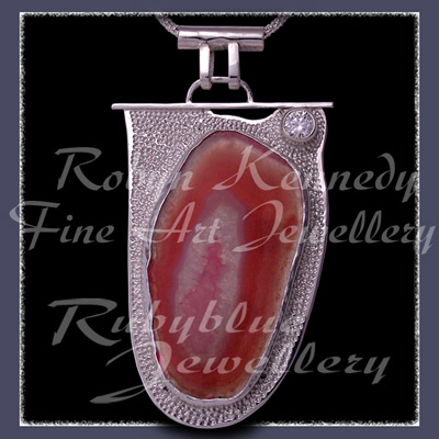 Argentium Silver, Sterling Silver, Pink Lace Agate and Cubic Zirconia 'Pink Crystal Lace' Pendant Image