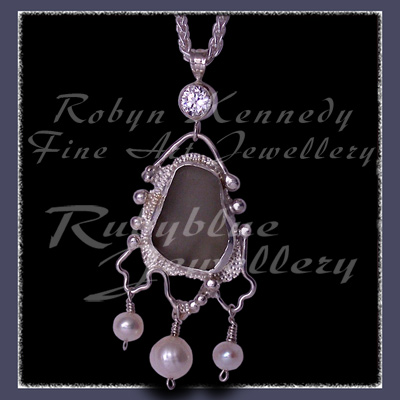 Sterling Silver, White Great Lakes Beach Glass, Cubic Zirconia and White Freshwater Pearls 'Beachglass' Pendant 17 Image